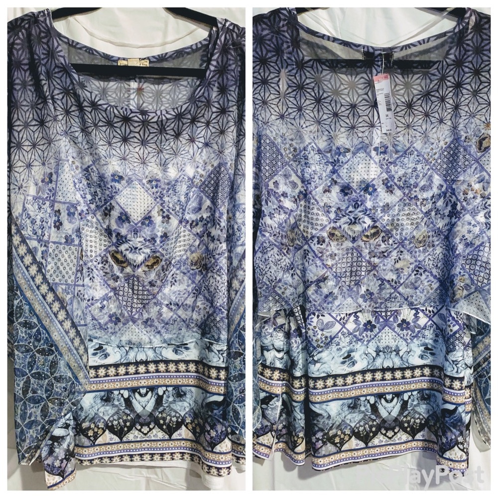 One World Tank top blouse with sheer poncho 3XL